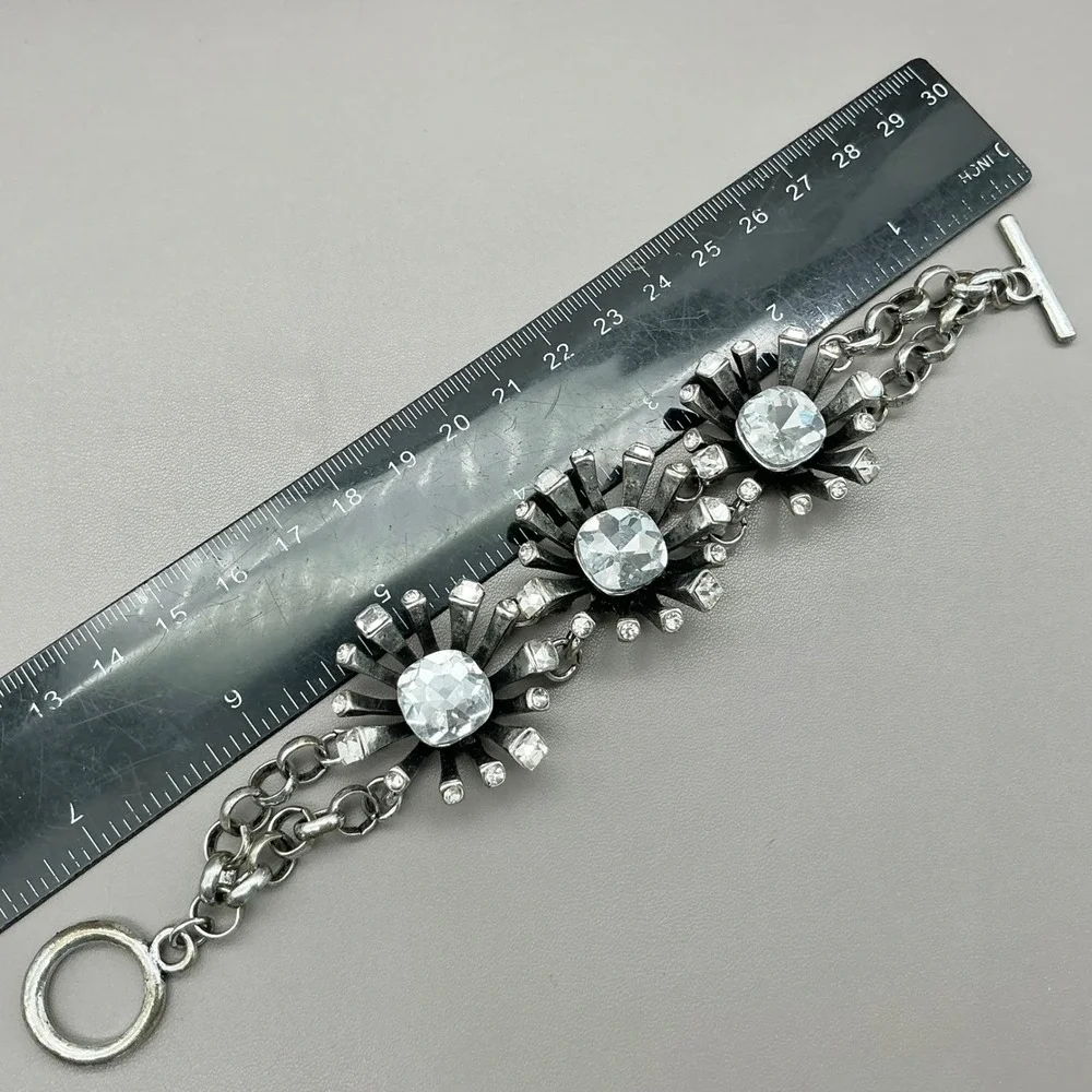 Bracelet Women Silver Tone Crystal Sunburst Floral Toggle Link Fashion Jewelry